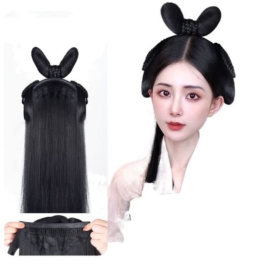 Oligage Hanfu Wig Headband Women Chinese Style Hair Piece Antique Modelling Cosplay Pad Hair Accessorie Headdress Black (Color : FG32)