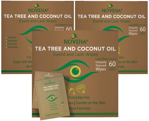NOVEHA Eyelid & Lash Wipes - 180PCs Tea Tree & Coconut Oil | Soothing Makeup Remover & Daily Eye Cleanser (Pack of 3)