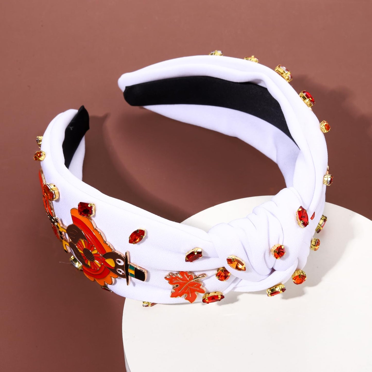 ZOLEAROPY Thanksgiving Headband Fall Headband Accessories Rhinestone Crystal Beaded Maple Leaf Knotted Hairband Fall Autumn Wide Head Band Thanksgiving Party Costume Gift