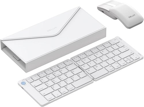 DELUX PockCombo Wireless Keyboard & Mouse - Foldable Bluetooth Design, Portable & Lightweight (White)