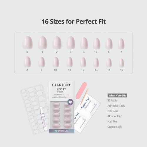 BTArtbox Press On Nails Almond - Power Calm, Lamp-Curable 4-Week Wear Nude Pink Extra Short Press On Nails with Glue and Adhesive Tabs, Easy-to-Apply in 16 Sizes - 32 Nails All-in-One Kit