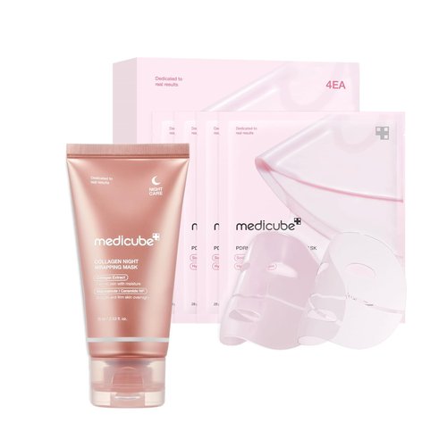 Medicube All Day Glass Glow Skin Duo - Collagen Overnight Peel Off Mask & Salmon DNA Gel (4 Pack)