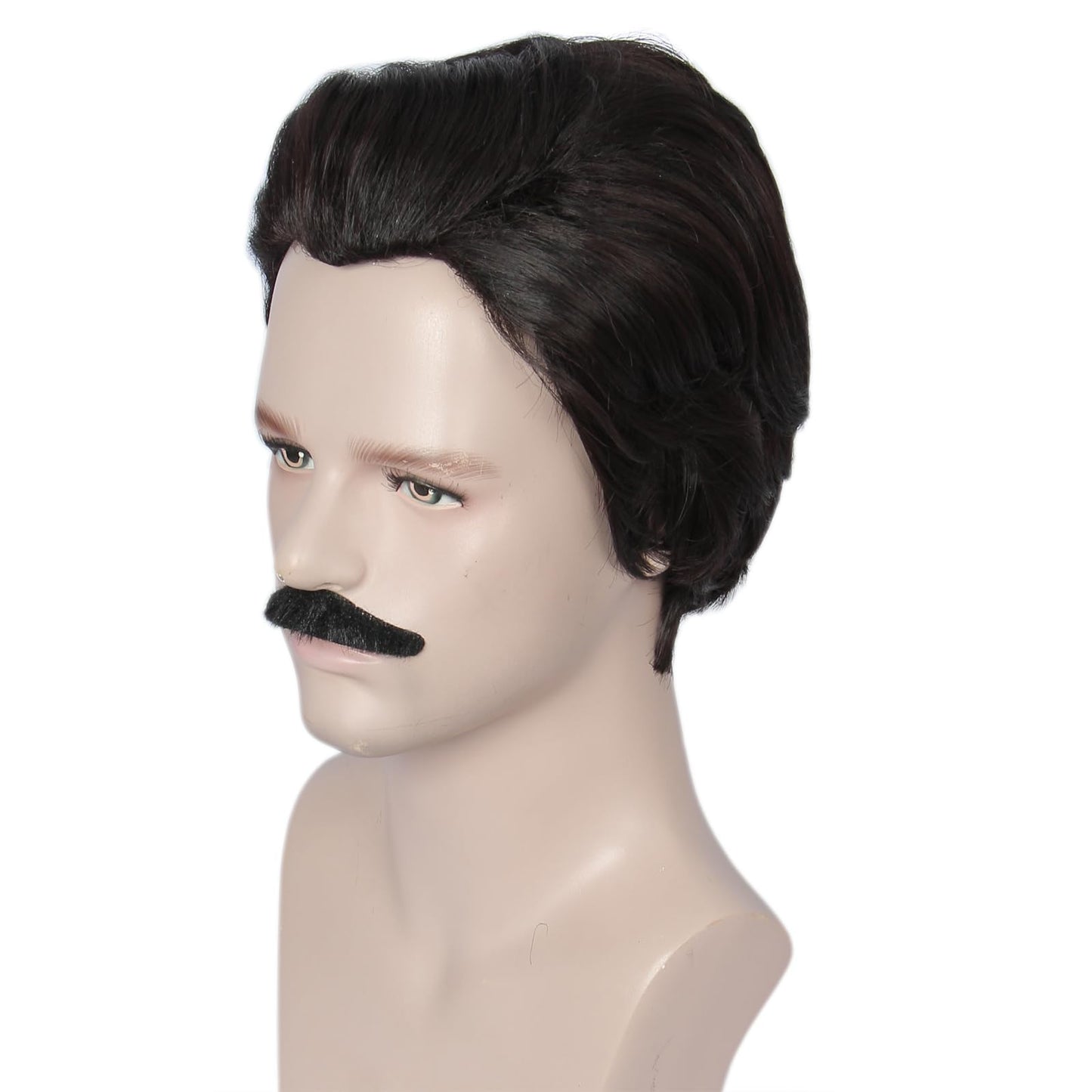 Linfairy Men Short Black Brown Wig with Mustache Halloween 70s 80s Cosplay Party Wigs