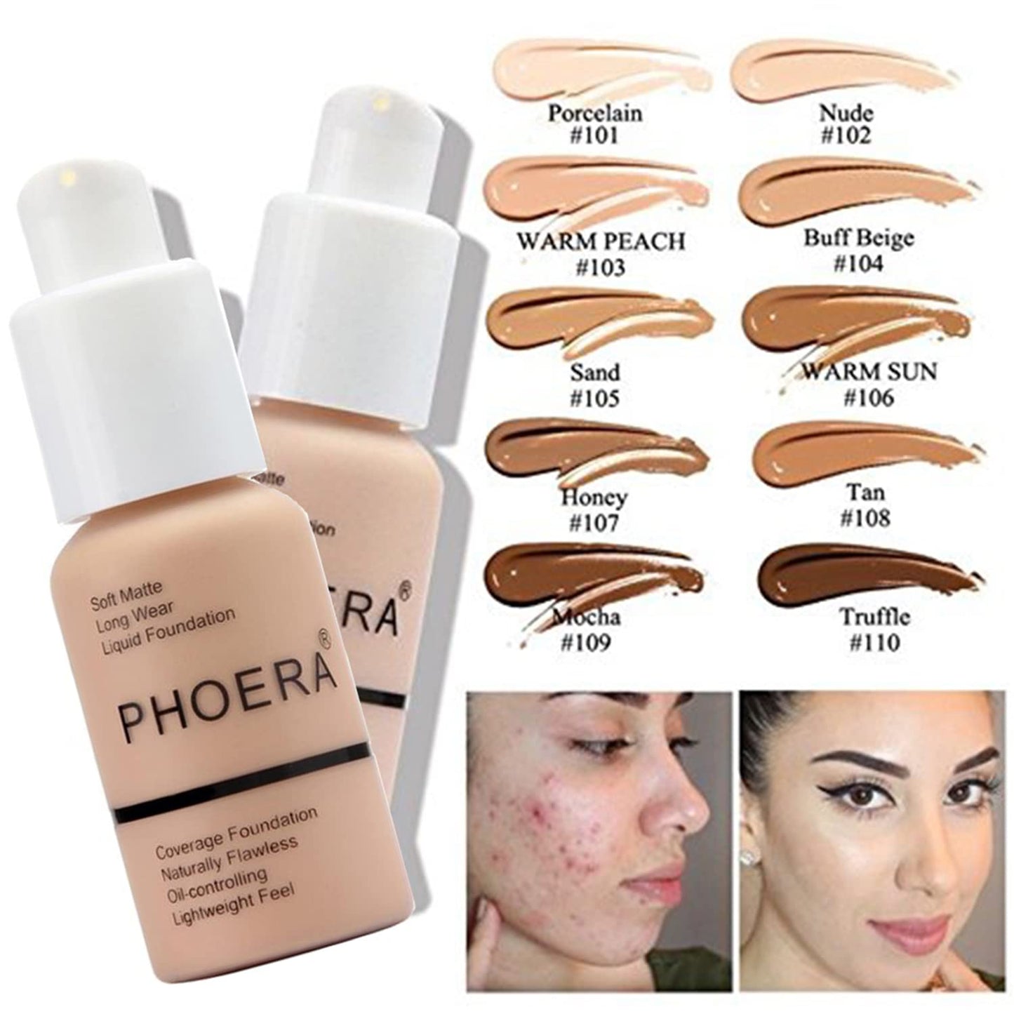 PHOERA Foundation Full Coverage,and Medium Coverage 2024 New PHOERA Foundation Makeup for Mature Skin, Wrinkles Matte Natural Finish for a Flawless Complexion (105+N04/ Sand+ Buff Beige)