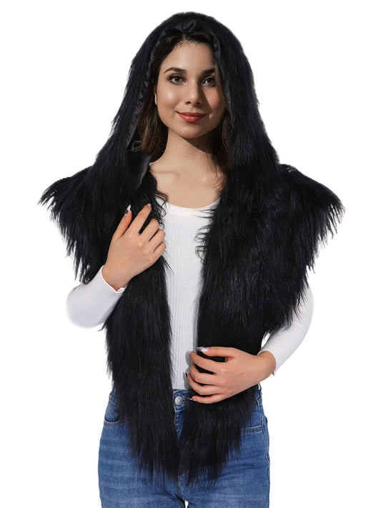 GORAIS Women Hooded Faux Fur Collar Fur Shoulder Wrap Cosplay Costume Fur Cape for Halloween Outfit Black