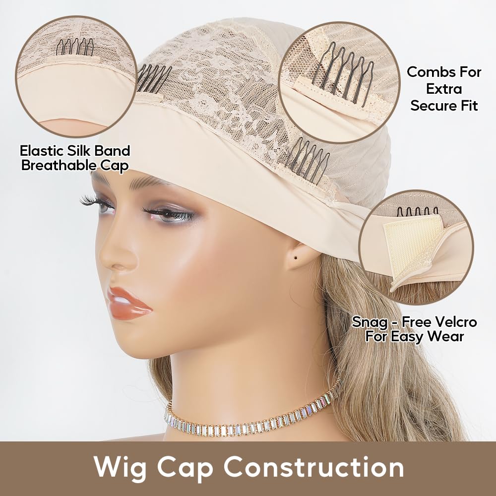 Long Wavy Headband Wigs for White Women, Gluless Wear and Go Half WIg, Natural Looking Synthetic Wig with Headband Attached Heat Resistant (Brown mixed Blonde)