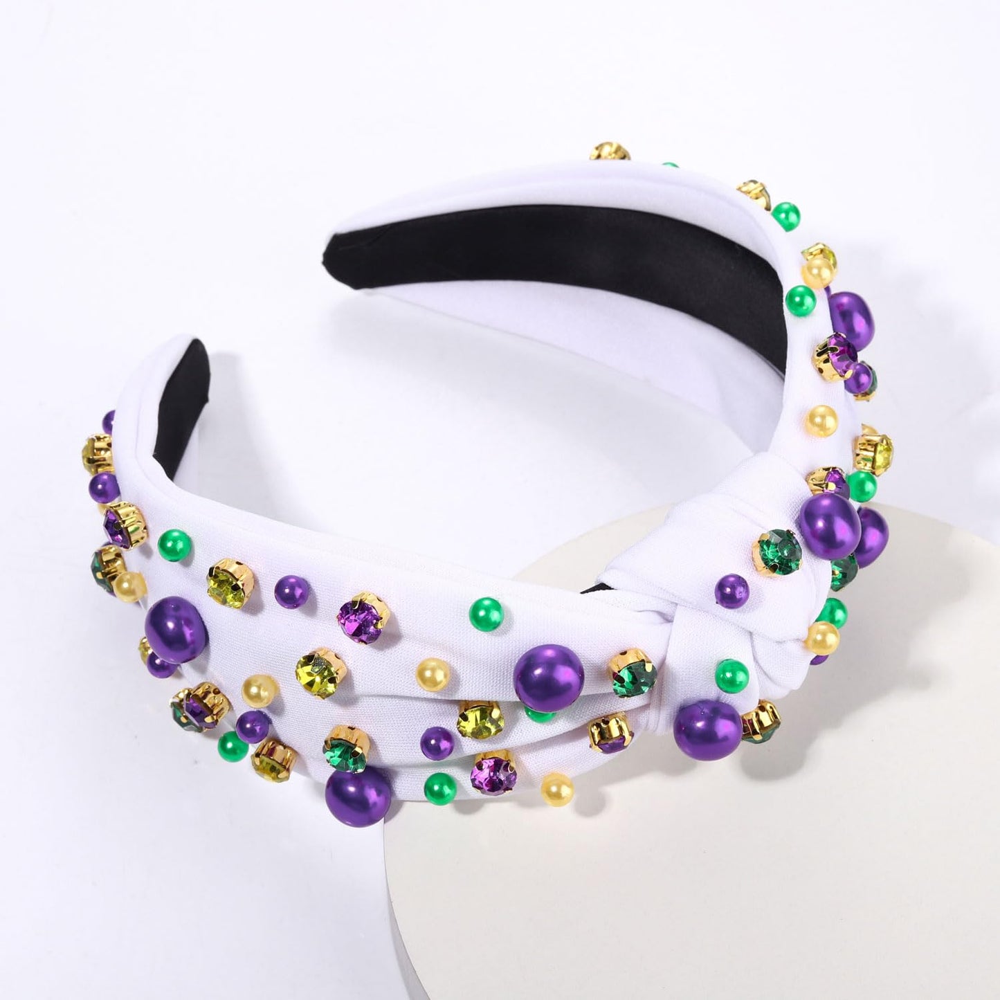 Women's Pearl Rhinestone Beads Jeweled Hairband - Wide Knotted Fashion Accessory for Mardi Gras Carnival Parade Party (white knot hairband B)