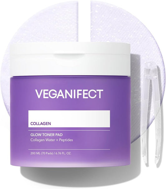 Veganifect Collagen Peptide Jelly Toner Pads - Dual-Function Skincare for Wrinkle Care | Pore Tightening & Radiance Boost | 6.76 fl. oz. (200ml) | 70 Pads