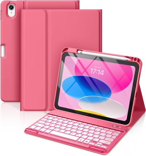 Hamile iPad 11th & 10th Gen Case - Wireless Detachable Folio Keyboard Cover with Backlit Colors & Pencil Holder (Pink)