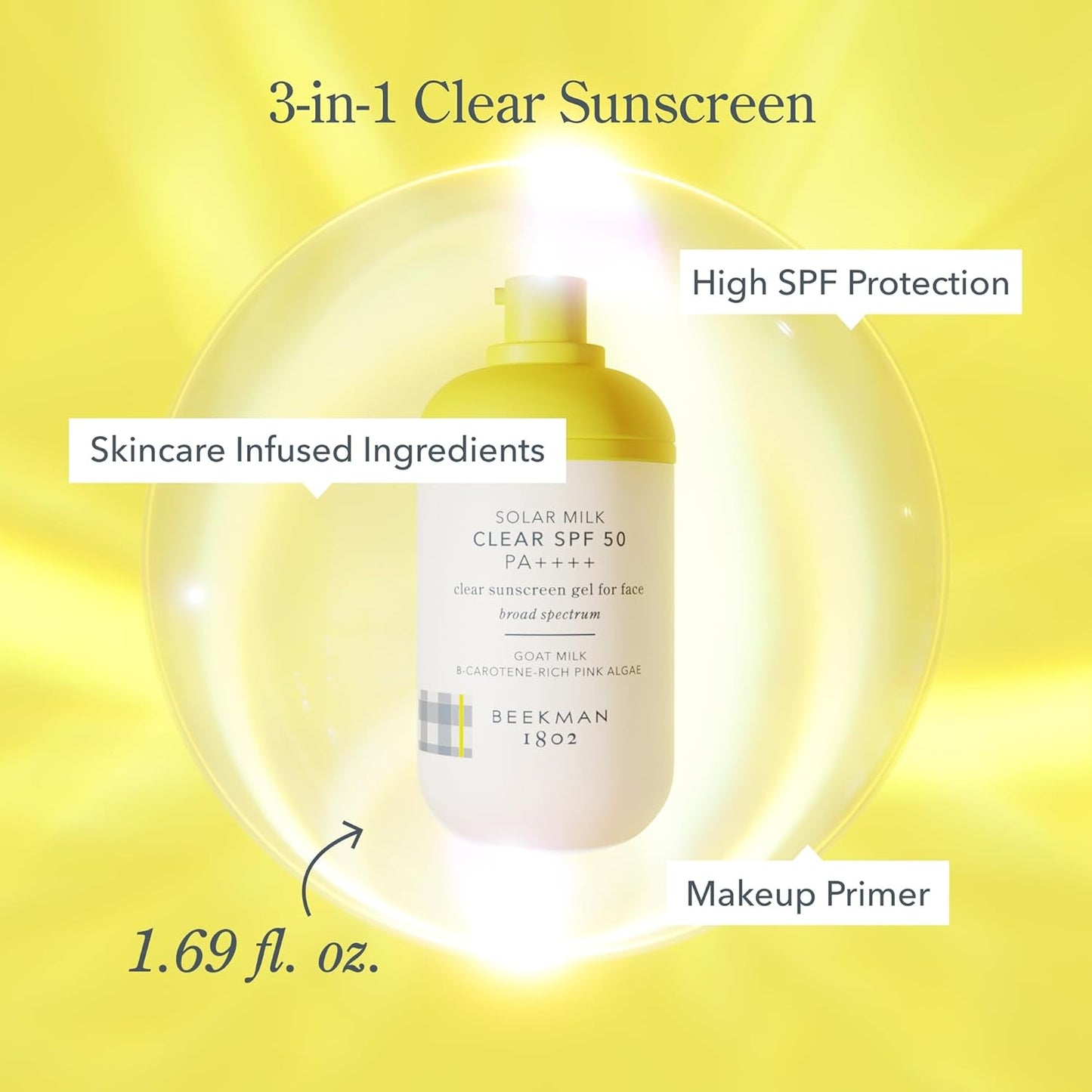 Beekman 1802 SPF 50 Face Sunscreen - 3-in-1 Weightless Clear Gel, Goat Milk Infused, 1.69 fl oz