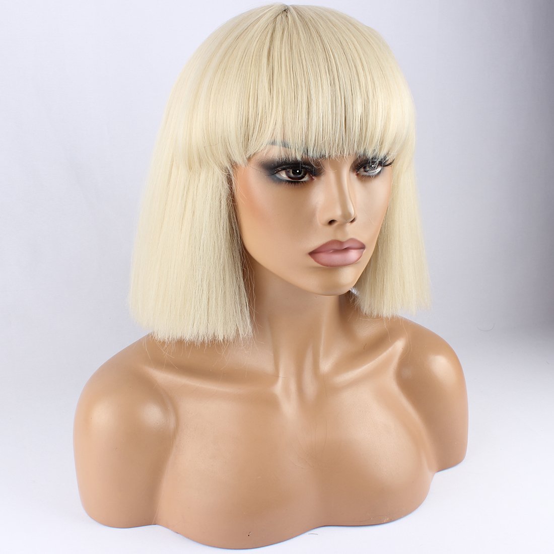 WeKen Fashion Wig Women's Short Bob Kinky Straight Full Bangs Synthetic Hairpieces Blonde