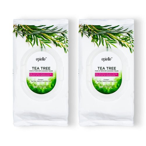 Epielle Tea Tree Makeup Remover Wipes, Gentle Daily Facial Cleanser Towelettes, Remove Dirt, Oil & Waterproof Mascara, Stocking Stuffers, 60 Count (Pack of 2)