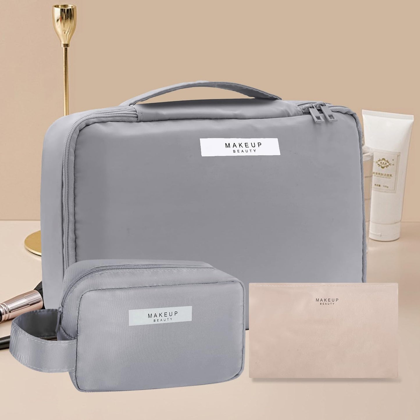 Travel Makeup Bag Cosmetic Bag Makeup Bag Toiletry bag for women and men (Grey-3pcs)
