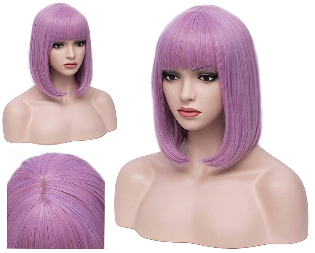 BERON 12 Inches Lavender Bob Wig Short Straight Purple Wig with Bangs for Women Light Purple Wig Halloween Cosplay or Daily Use Wigs (Lavender Purple)