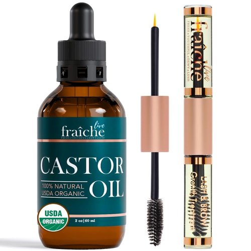 Live Fraiche Organic Castor Oil Lash Serum - 100% Pure Eyebrow & Eyelash Growth | Cold Pressed, 2oz Glass Bottle + Filled Mascara Tube