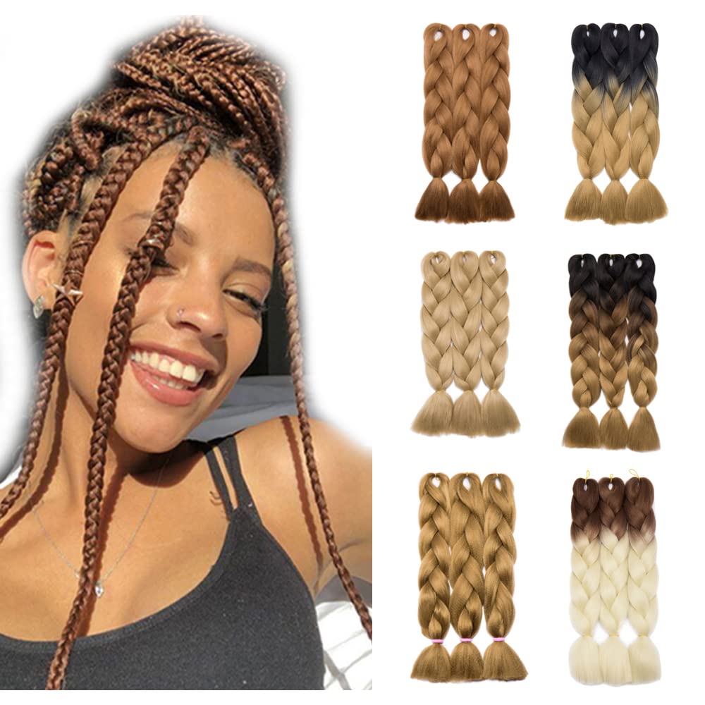 24" Ombre Jumbo Braiding Hair 3 Tone Colored Jumbo Braids Crochet Hair Extensions Box Twist Braid Crochet Hair Ombre Long Jumbo Braids High Temperature (5 Bundles, Bleach Blonde)