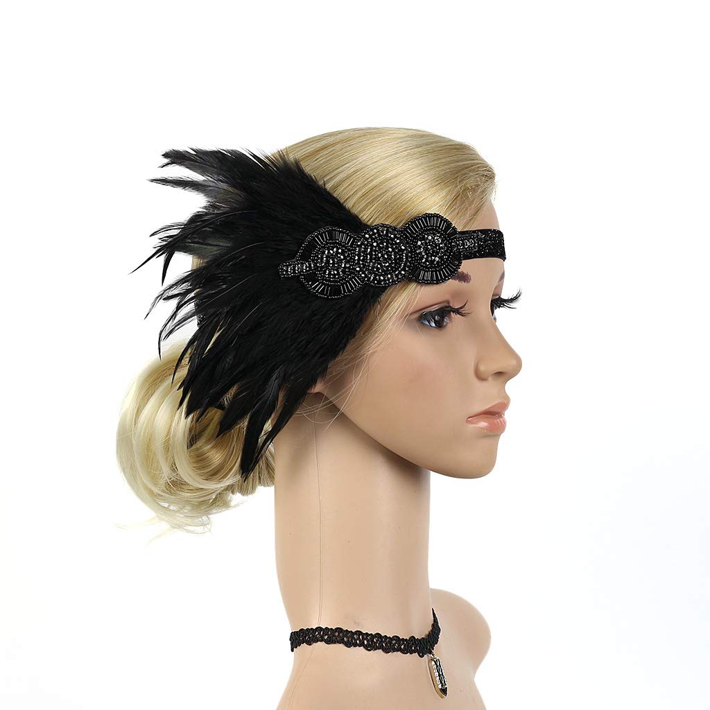 Roaring Art Deco 1920s Headpieces for Women Flapper Headband 20s Gatsby Costume Peacock Hair Accessories 01Black