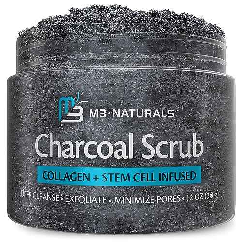 Exfoliating Charcoal Scrub with Collagen & Stem Cells ? Salt Scrub for Body Toning, Cellulite, Armpit Detox, and Skin Smoothing for Face, Feet, and Body by M3 Naturals.