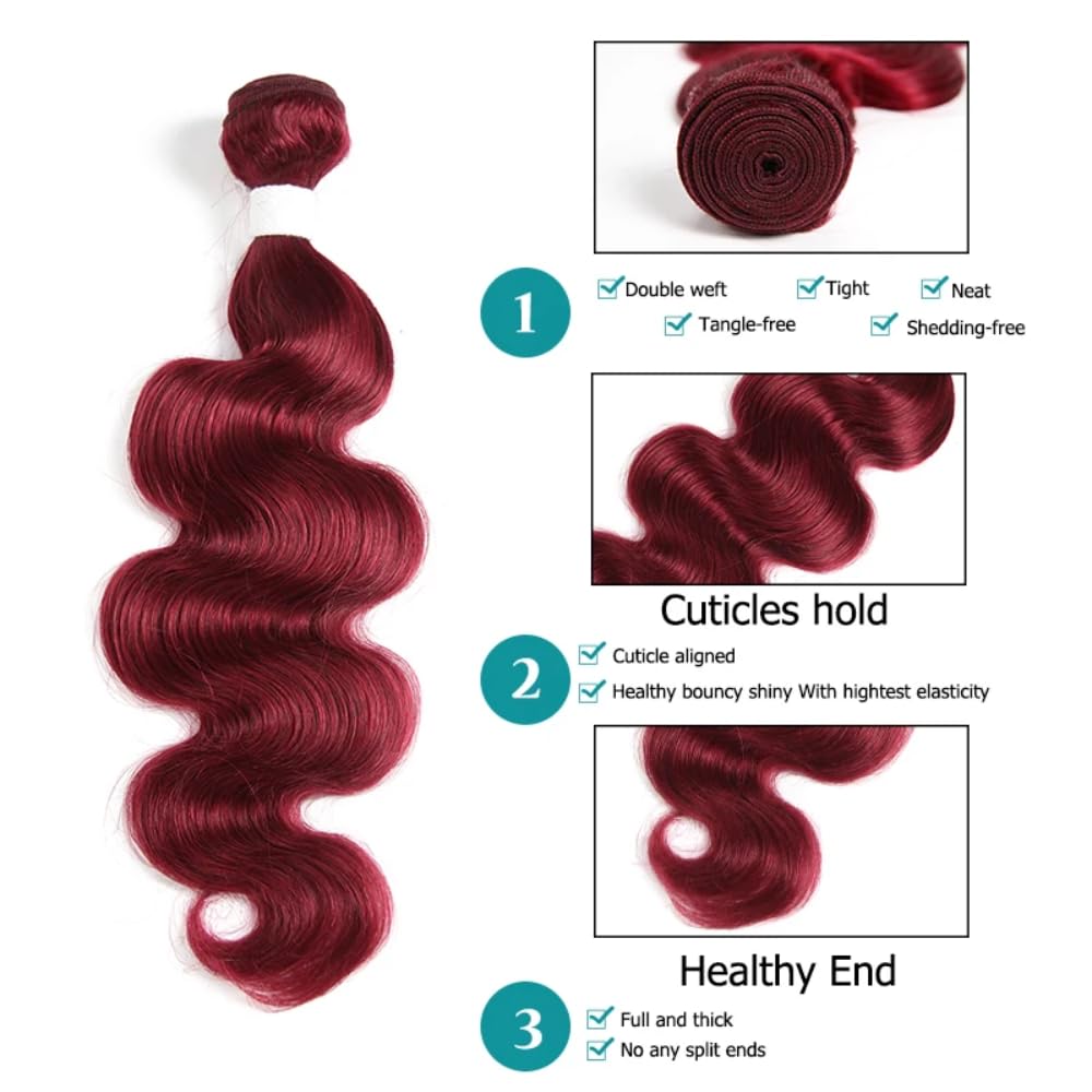 10A Body Wave Human Hair Bundles #99J Human Hair Bundles 24 Inch 100% Unprocessed Brazilian Virgin Human Hair Extensions Burgundy Hair Weave for Women