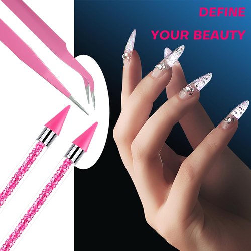 Pink Rhinestone Picker Tool Set - 2 Pcs Dual-Head Wax Pens with 2 Wax Tips and 2 Pink Tweezers, Wax Pencil for Rhinestones, Crystal Diamond Pickup Tool for Nail Art, Gem and Crystal Application Kit