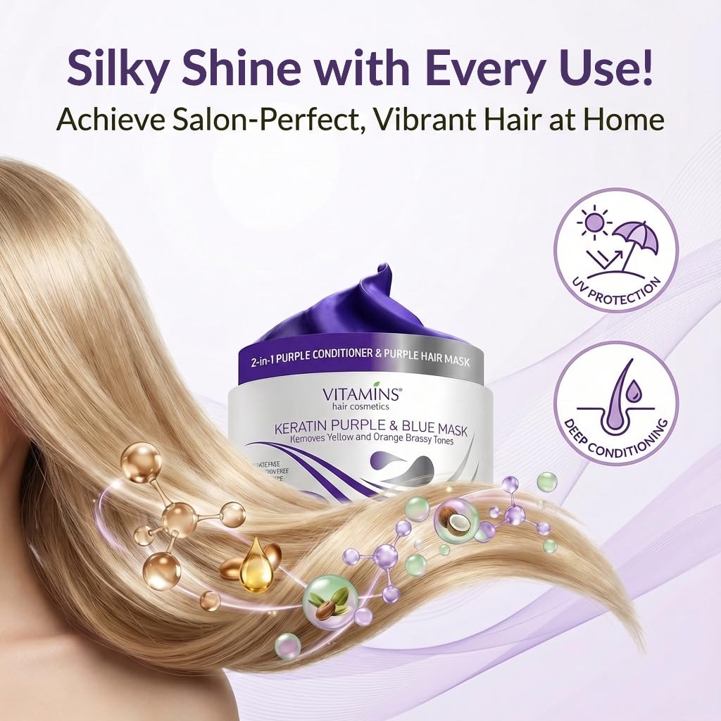 VITAMINS Keratin Purple Hair Mask - Deep Conditioner for Blonde, Silver & Gray Hair - Toner to Neutralize Brassiness
