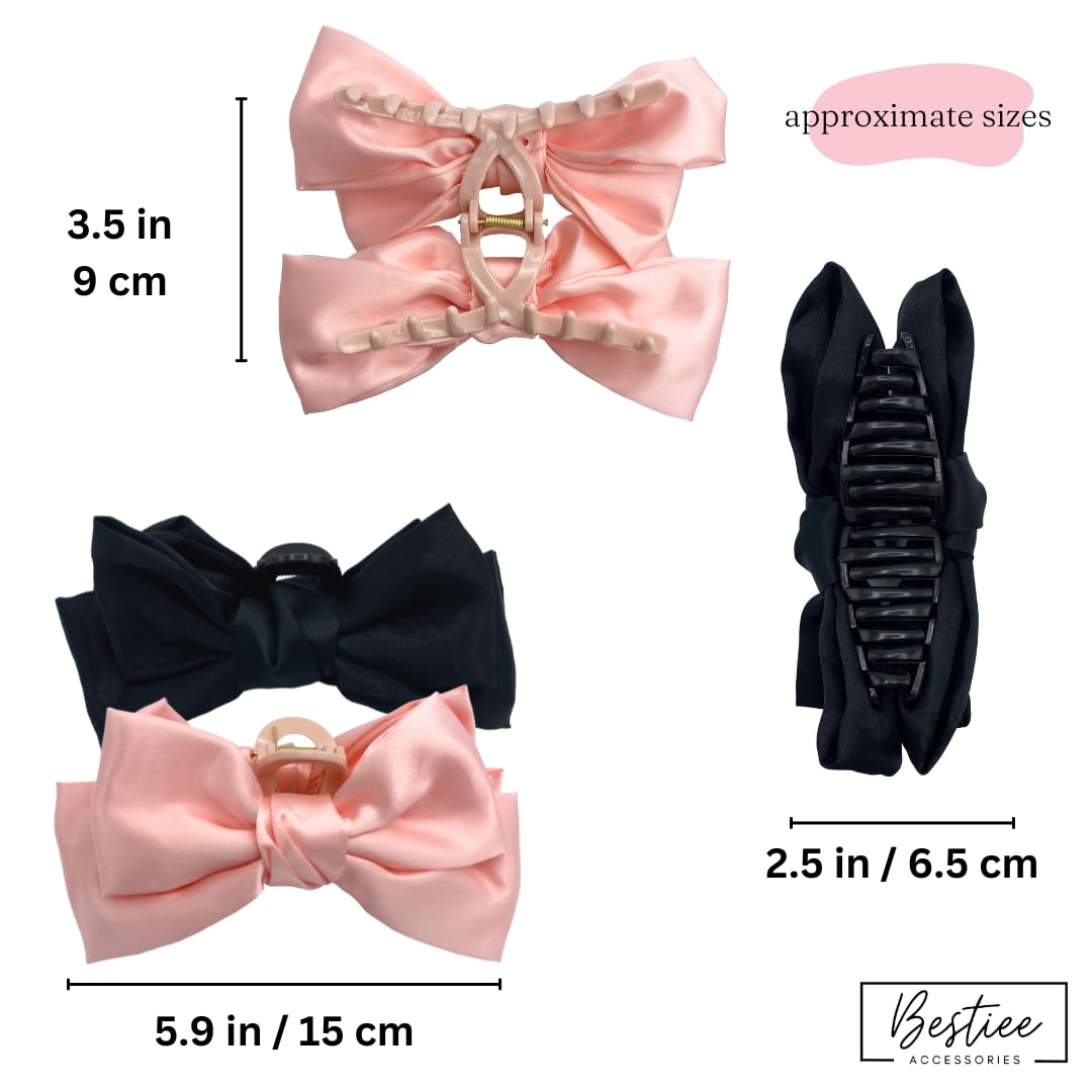 Bestiee Accessories Hair Bow Claw Clip, 2-packs, 5.9 inch, Satin Fabric, Elegant Bow Design for Women and Girls, Strong Hold, Women Gift Ideas, Black, Pink