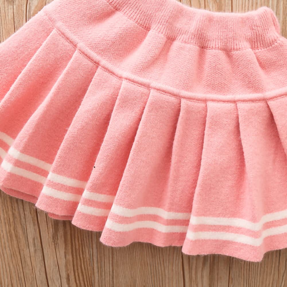 Toddler Baby Girls Autumn Winter Fall Clothes Knit Long Sleeve Ruffle Sweater Top+Pleated Mini Tutu Skirt 2pcs Outfit for Kids Princess Casual Playwear Homewear Clothing Set Pink-Bow 2-3T