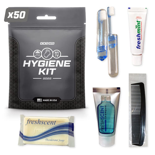 Go2Kits Travel Toiletry Kit, Hygiene Kit for Travel, Business & Charity with Reusable Toothbrush, Bath Soap & Other Essential Toiletries, 50-Pack