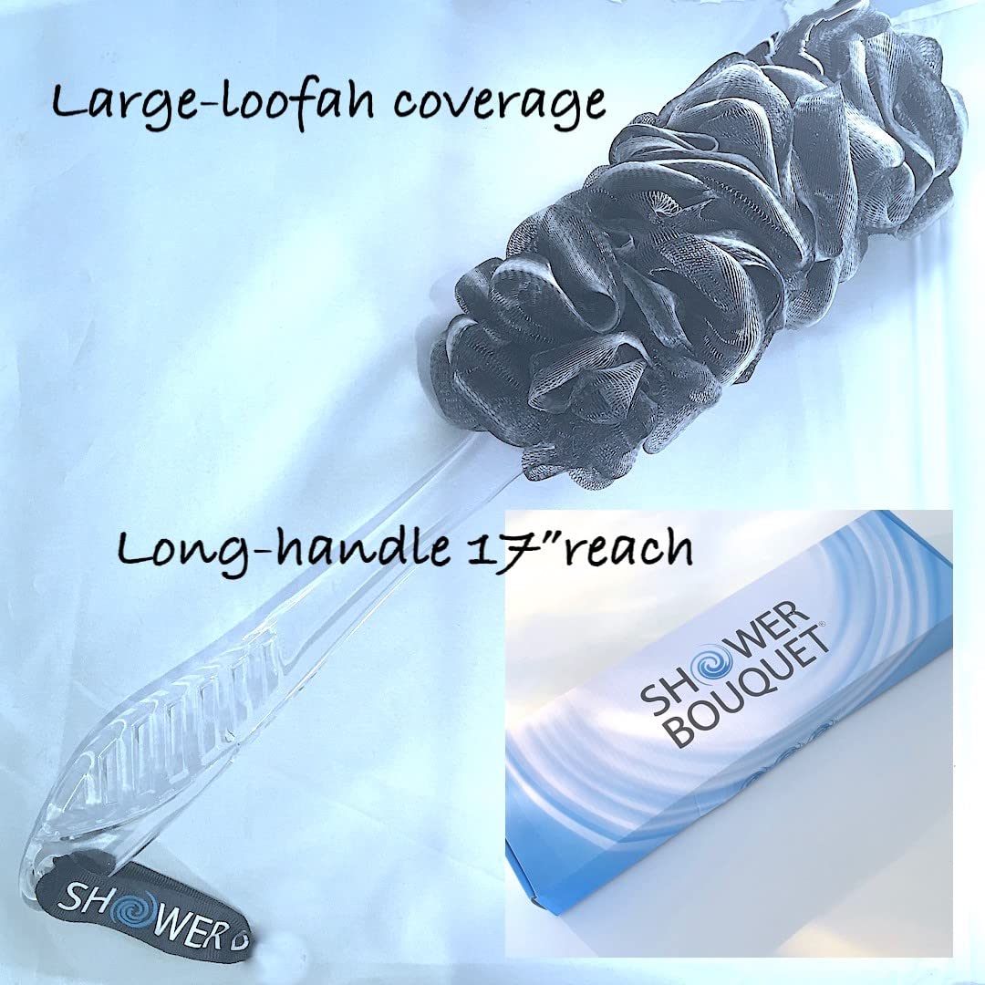 SHOWER BOUQUET Loofah-Charcoal Back-Scrubber & Bath-Sponge Set // 1 Long-Handle-Back-Brush Plus 2 Extra Large 75g Soft Mesh Loofa-Lufa-Loufa Puff Poufs, Men & Women - Exfoliate with Full Pure Cleanse
