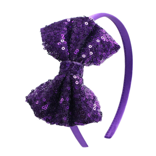 Kiszu Sparkly Sequin Hair Bow Headbands Fashion Glitter Cute Boutique Ribbon Bows for Girls, Kids, and Women (Dark Purple)