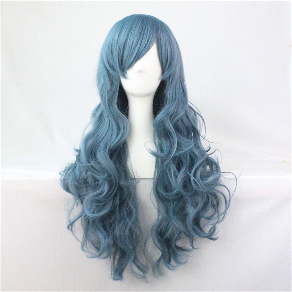 Sharebeauty Womens Medium Long Wavy Synthetic Wig Anime Cosplay Halloween Costume Party Wig (Smoky Blue)