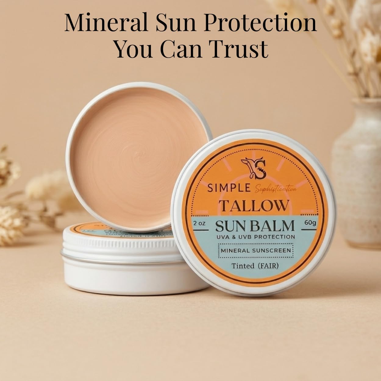 Tallow Sun Balm - Tinted Mineral Sunscreen with Grassfed Tallow & Zinc Oxide | SPF 30, Reef Safe (2 oz) - Fair