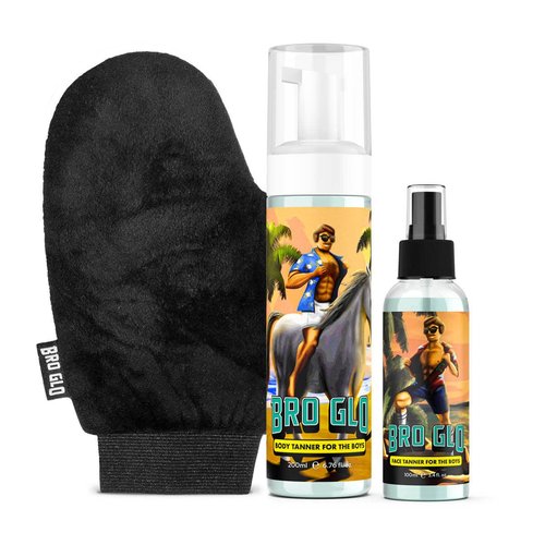 Bro Glo Self Tanner - Easy Sunless Tan for Face & Body with Mitt Applicator - Natural Bronze Gift Set