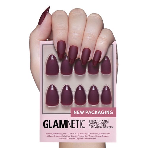 Glamnetic Press On Nails - Merlot | Matte Short Almond Dark Red Fake Nails with Glossy French Tips | 15 Sizes - 30 Nail Kit with Glue