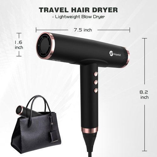 slopehill Professional Ionic Hair Dryer with Diffuser - Lightweight, Compact, Powerful & Fast Salon Blow Dryer with High Speed Brushless Motor for Travel, Women & Men Ceramic, Black LH1003