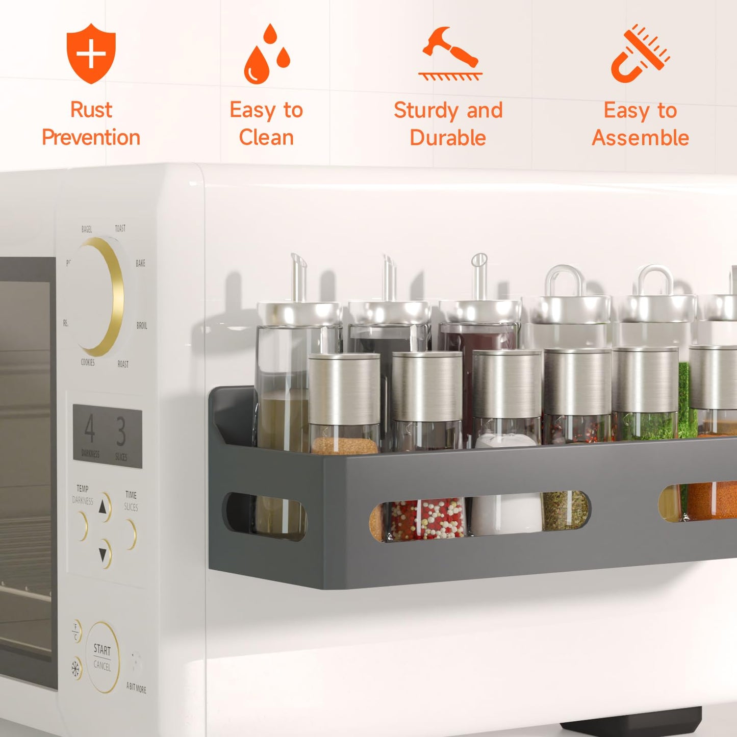 4 Pack Strong Magnetic Spice Rack for Refrigerator, Multipurpose Magnetic Shelf for Fridge with 4 Hooks for kitchen and Bathroom Organization, Black