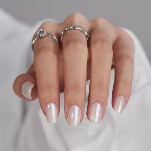 BTArtbox Press On Nails - Short White Soft Gel Square Chrome Tips | Reusable 30-Piece Kit in 15 Sizes - Vanilla Glazed