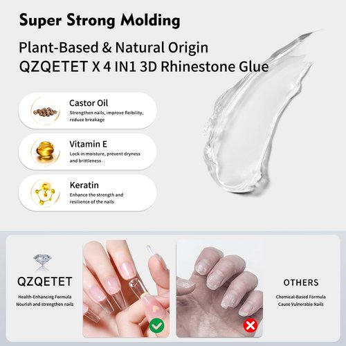 4-in-1 Rhinestone Nail Glue Gel and Chrome Powder Kit, 30g Super Strong Adhesive for Nail Art Crystals, Charms, Gems, Beads, Sequins – Long-Lasting 3D Nail Art Gel Glue for Acrylic & Gel Nails