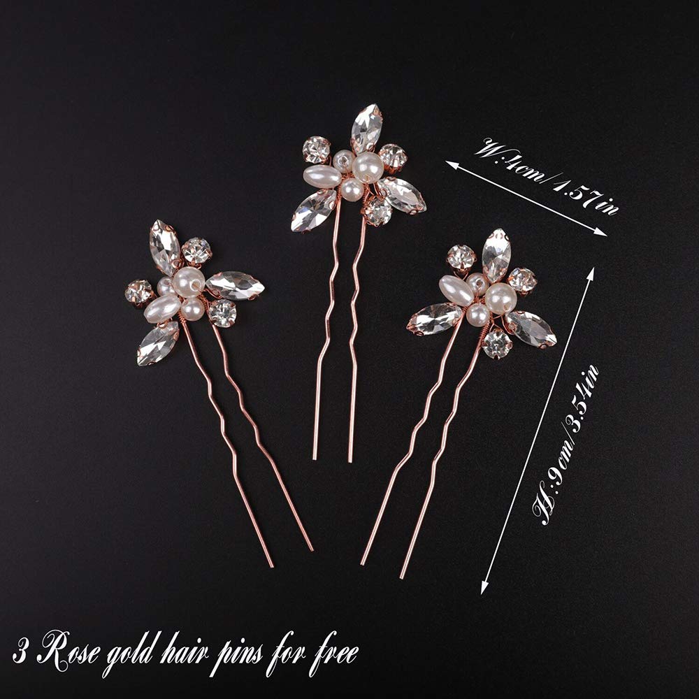 Denifery Bridal Rose Gold Extra Long Pearl and Crystal Beads Bridal Hair Vine Wedding Head Piece Bridal Accessories (Rose gold)