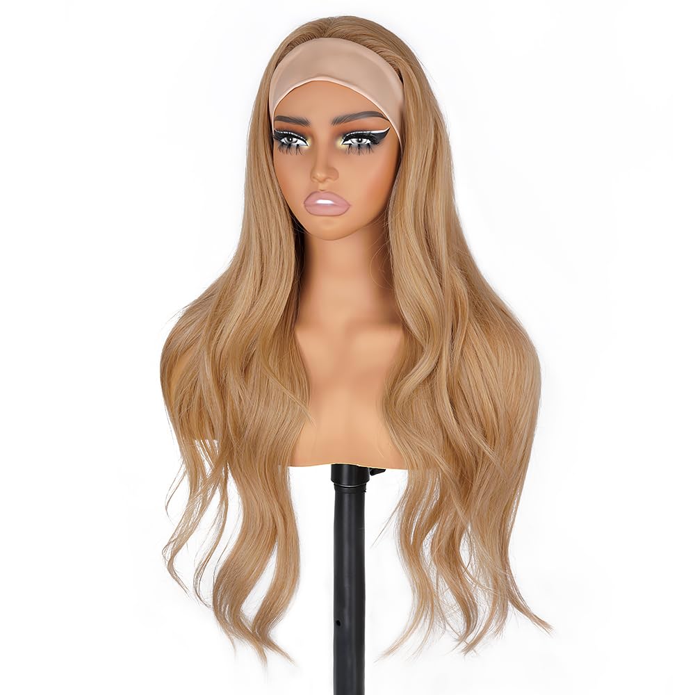 Long Wavy Headband Wigs for White Women, Gluless Wear and Go Half WIg, Natural Looking Synthetic Wig with Headband Attached Heat Resistant (Honey Blonde)