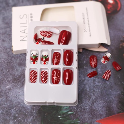Red Christmas Press on Nails Short Oval Fake Nails Cute Christmas Deer Glue on Nails with Snowflake Stripes Designs Glossy Acrylic Stick on Nails Xmas Reusable False Nails for Women Girls 24 Pcs