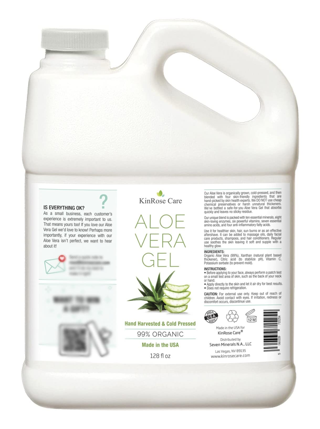 KinRose Care Aloe Vera Gel Organic Gallon for Face, Skin, Hair & Sunburn Relief 100 Percent Pure Aloe Vera Gel Bulk Wholesale - Cold Pressed, Vegan, Unscented - Made in USA (128 Fl Oz)