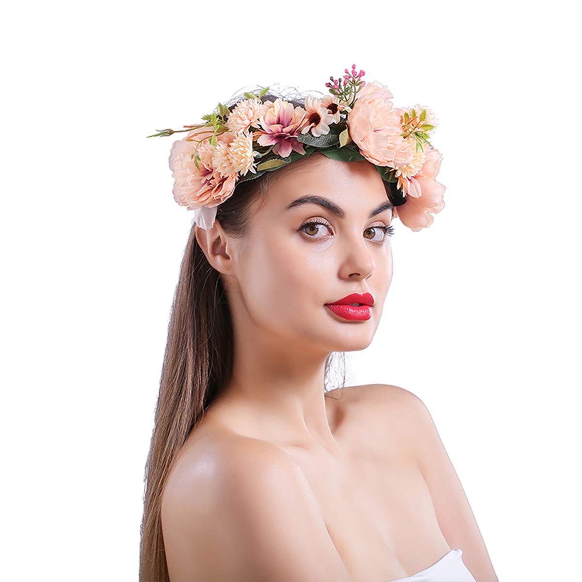 YnimioAOX Handmade Adjustable Flower Wreath Headband Halo Floral Crown Garland Headpiece,D21-champagne