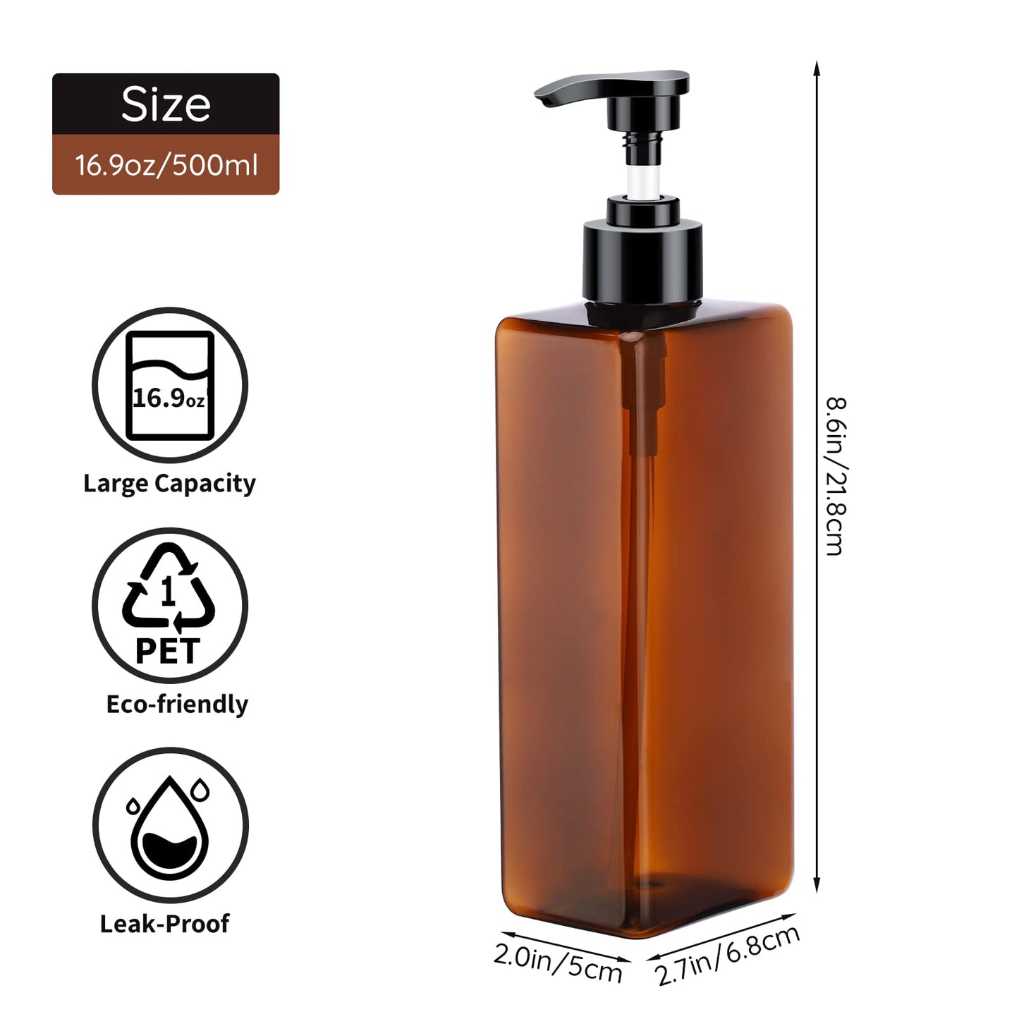 Segbeauty Shampoo Bottles, 3pcs 16.9oz 500ml Refillable Pump Dispenser with Labels, Empty Reusable Plastic Press Bathroom Hotel Shower Containers for Shampoo Conditioner Body Soap Hand Soap Gel Amber