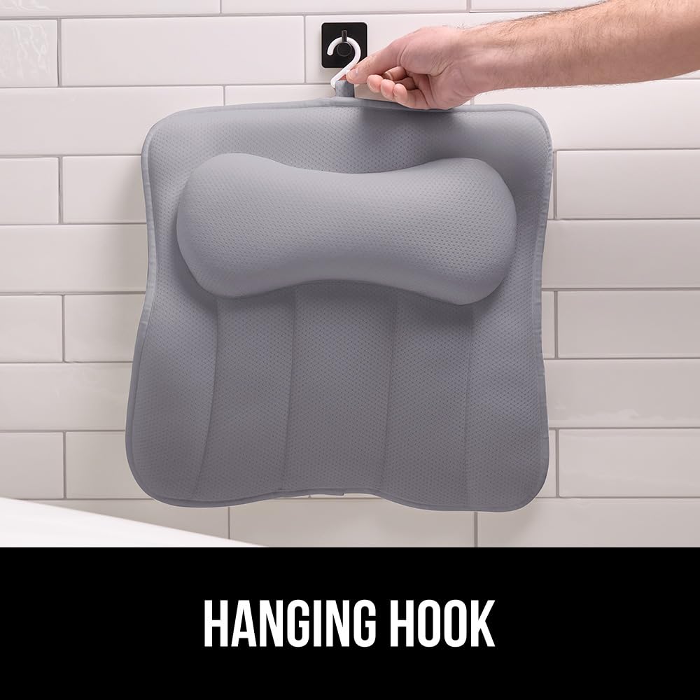 GORILLA GRIP Mesh Bath Pillow for Tub, 6 Powerful Suction Cups, Oversized Headrest with Breathable FlexComfort Technology for Neck, Head, Back Support, Luxury Machine Washable Bathtub Must Haves, Gray