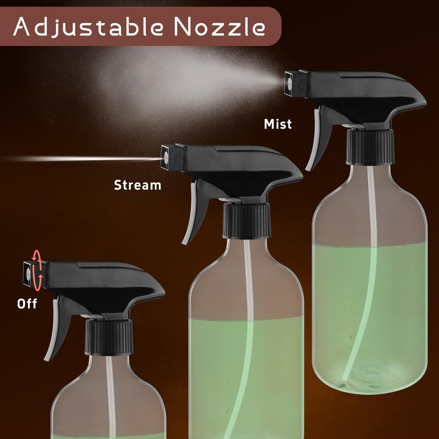 Skiennix 500ml Clear Boston Round Spray Bottles - Adjustable Nozzle for Fine Mist | Reusable Plastic Containers for Cleaning, Hair Care, Gardening