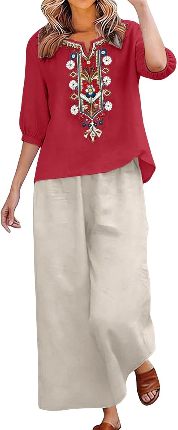 Skiennix Linen Set for Women - 2 Piece Embroidered Top & Wide Leg Capri Pants | Summer Beach Outfit