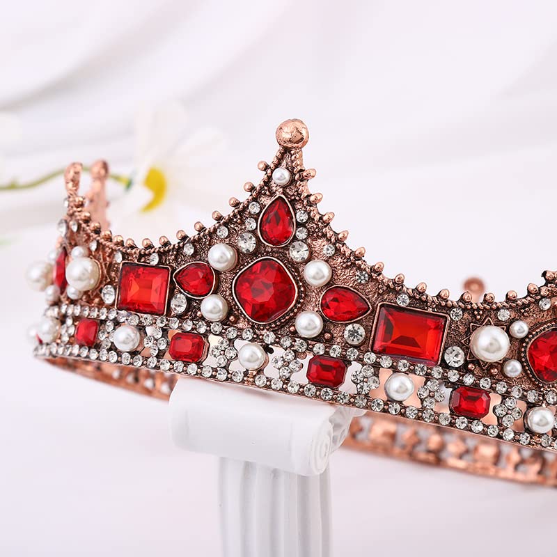 King Crystal Wedding Tiara Vintage Rhinestone Crown Hair Bands For Men Birthday Prom Pageant Hair Accessories (Bronze With Red Stone)