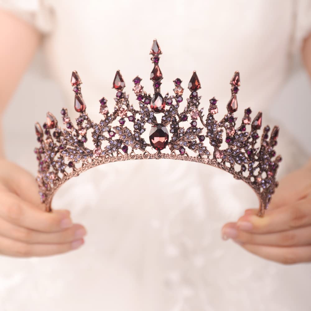 JWICOS Baroque Gothic Queen Crown for Women Rhinestone Crystal Wedding Crown Black Tiara and Crown Goth Costume Party Accessories for Costume Party Photography (Purple)