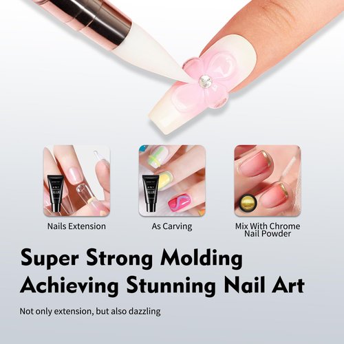 4-in-1 Rhinestone Nail Glue Gel and Chrome Powder Kit, 30g Super Strong Adhesive for Nail Art Crystals, Charms, Gems, Beads, Sequins – Long-Lasting 3D Nail Art Gel Glue for Acrylic & Gel Nails